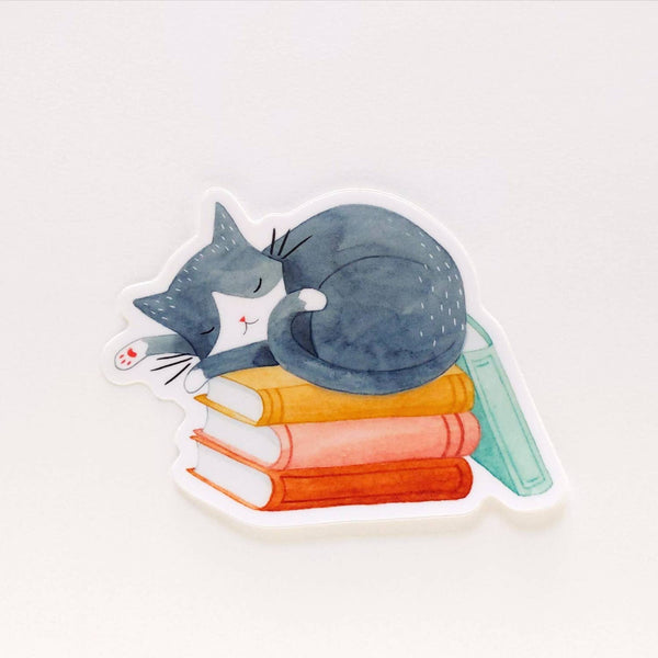 Cat and Books Sticker - Freshie & Zero Studio Shop