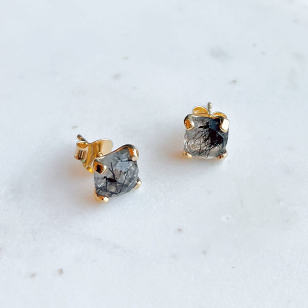 Gemstone Cushion Stud Earrings: Rutilated quartz - Freshie & Zero Studio Shop