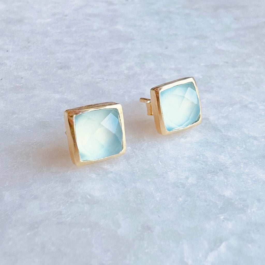 Square Gold Stone Stud Earrings: Aqua blue chalcedony - Freshie & Zero Studio Shop