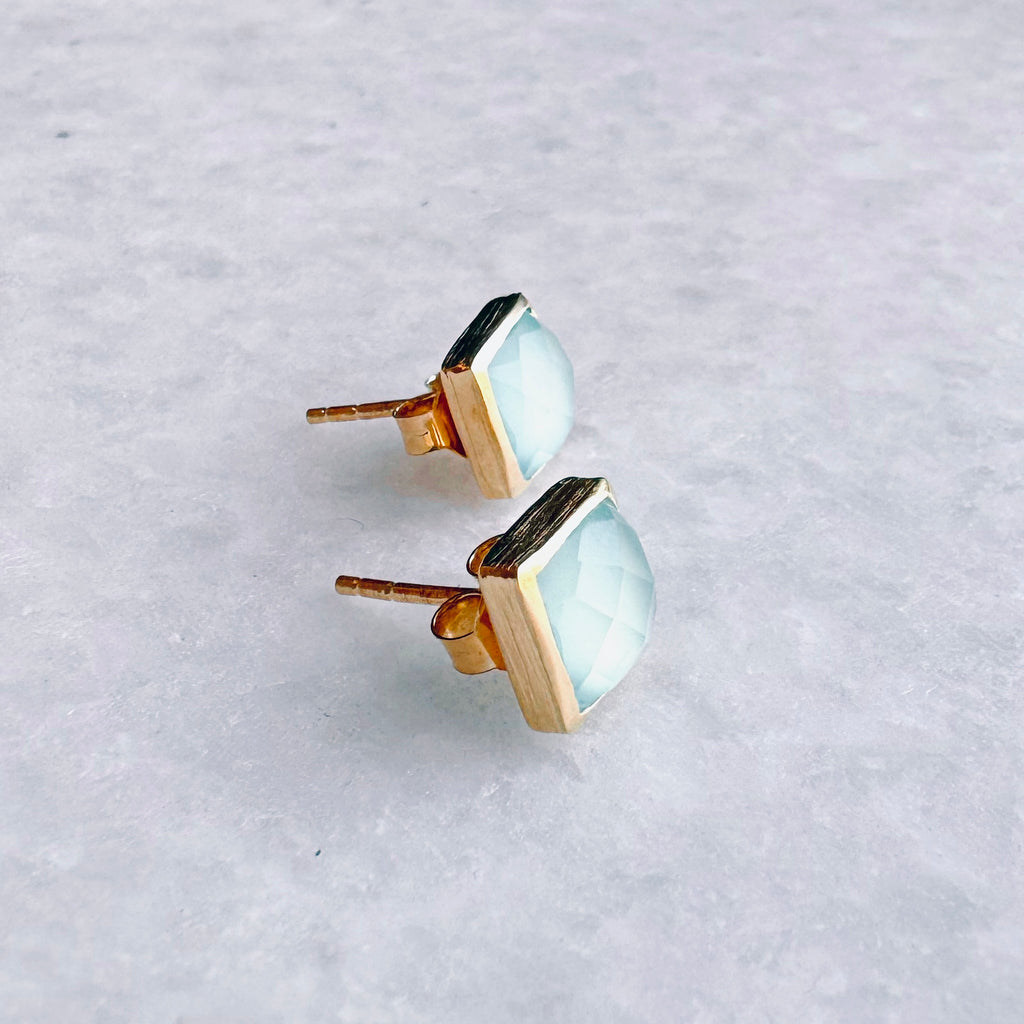 Square Gold Stone Stud Earrings: Aqua blue chalcedony - Freshie & Zero Studio Shop