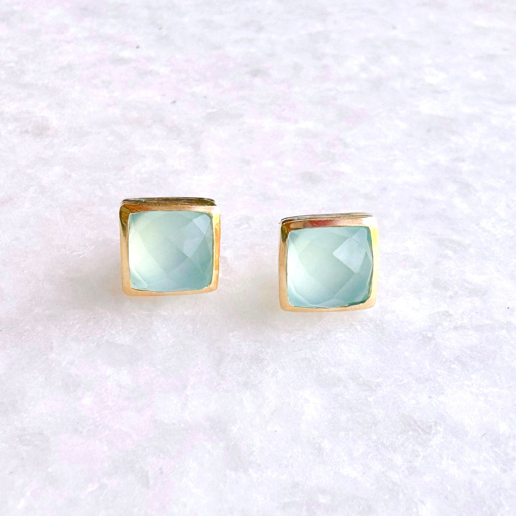 Square Gold Stone Stud Earrings: Aqua blue chalcedony - Freshie & Zero Studio Shop