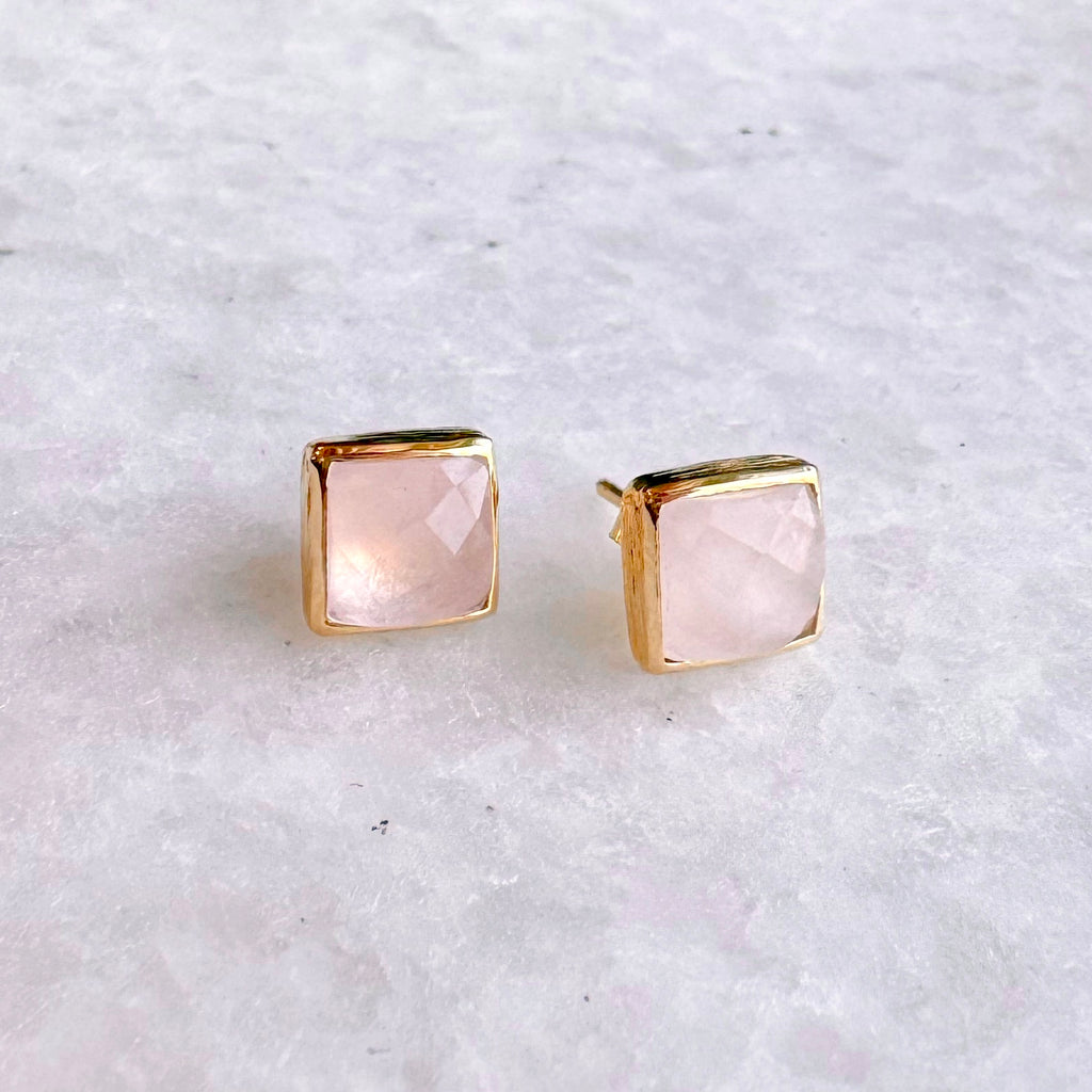Square Gold Stone Stud Earrings: Rose quartz - Freshie & Zero Studio Shop