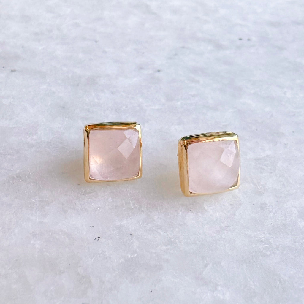 Square Gold Stone Stud Earrings: Rose quartz - Freshie & Zero Studio Shop