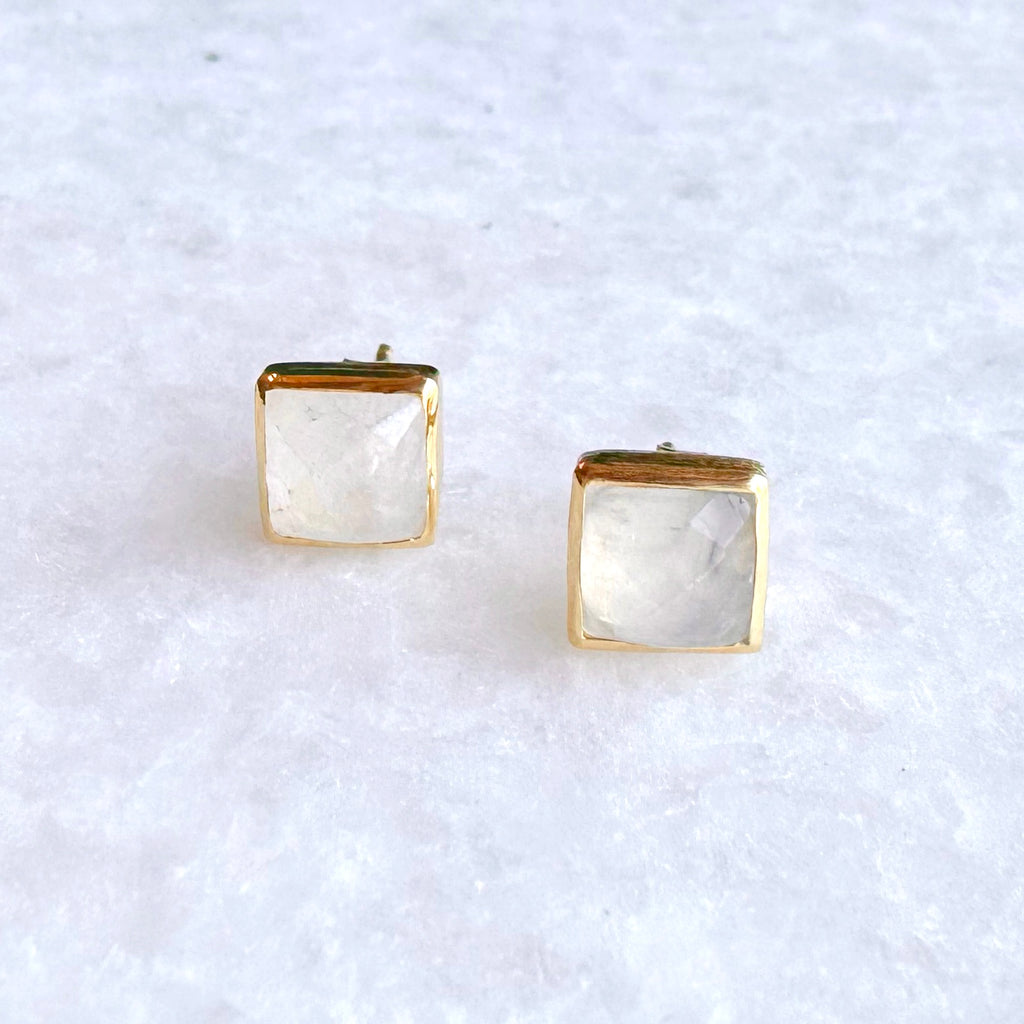 Square Gold Stone Stud Earrings: Moonstone - Freshie & Zero Studio Shop