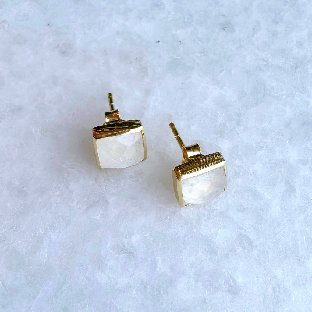 Square Gold Stone Stud Earrings: Moonstone - Freshie & Zero Studio Shop