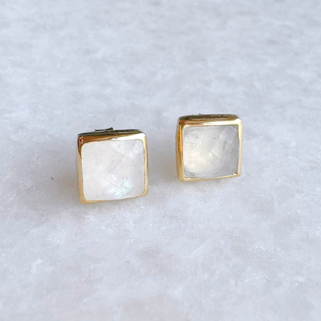 Square Gold Stone Stud Earrings: Moonstone - Freshie & Zero Studio Shop