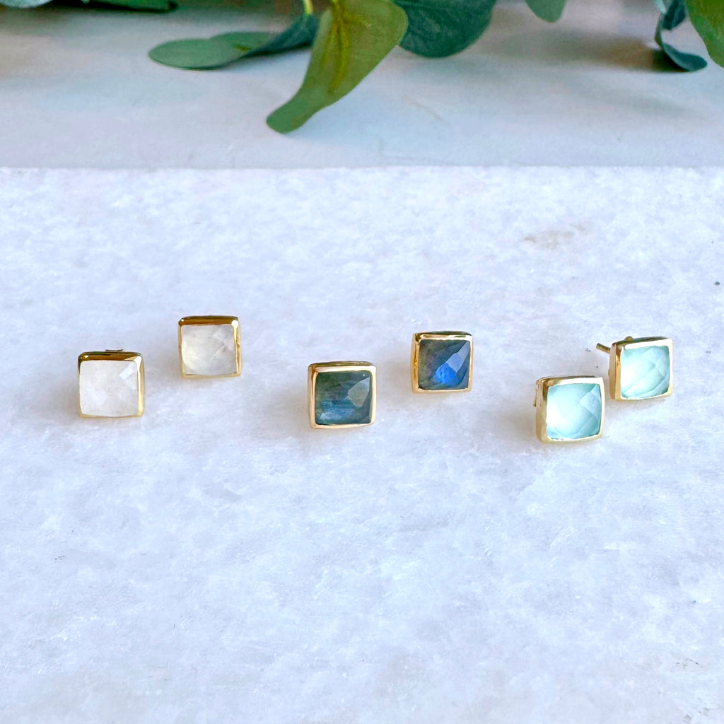 Square Gold Stone Stud Earrings: Aqua blue chalcedony - Freshie & Zero Studio Shop