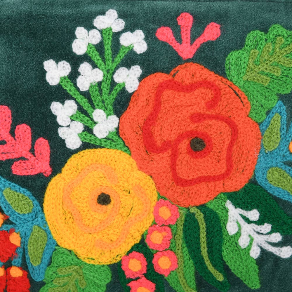 Green Floral Embroidered Velvet Zipper Pouch - Freshie & Zero Studio Shop