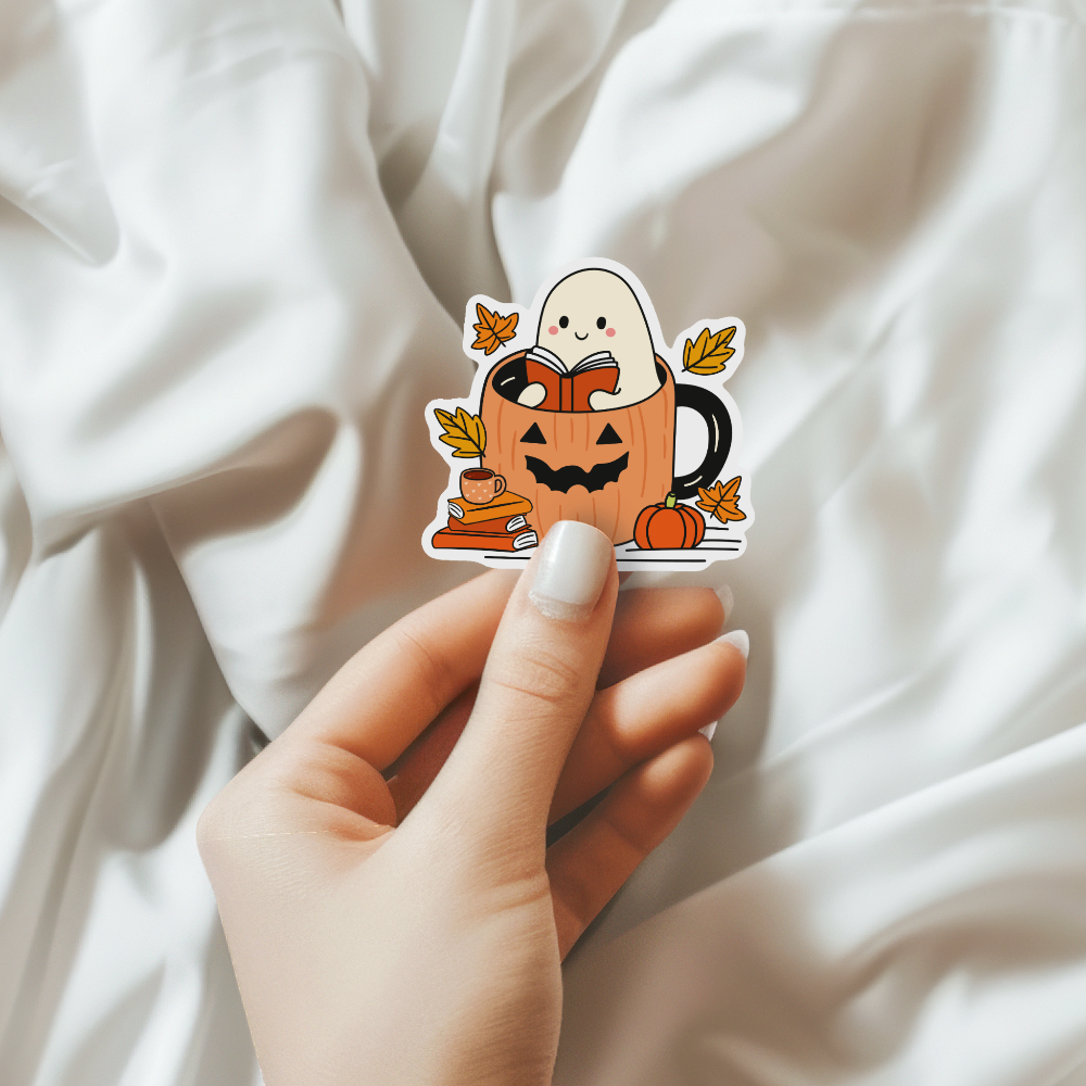 Ghost Reading in A Pumpkin Mug Fall Waterproof Sticker - Freshie & Zero Studio Shop