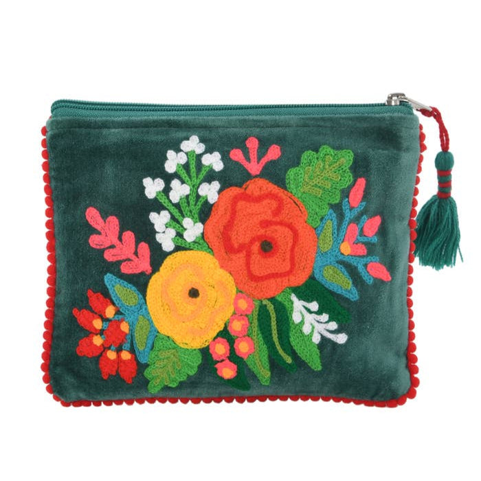 Green Floral Embroidered Velvet Zipper Pouch - Freshie & Zero Studio Shop