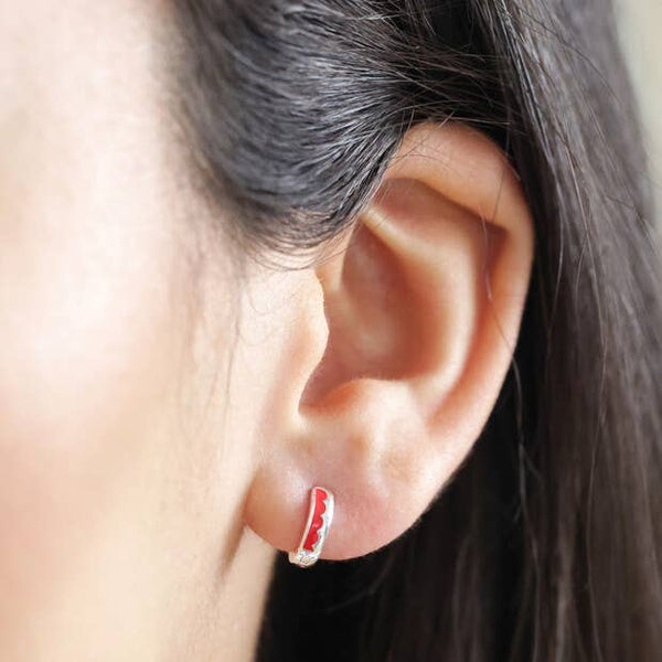 Silver Huggie Hoop Earrings: Scalloped Red Enamel - Freshie & Zero Studio Shop