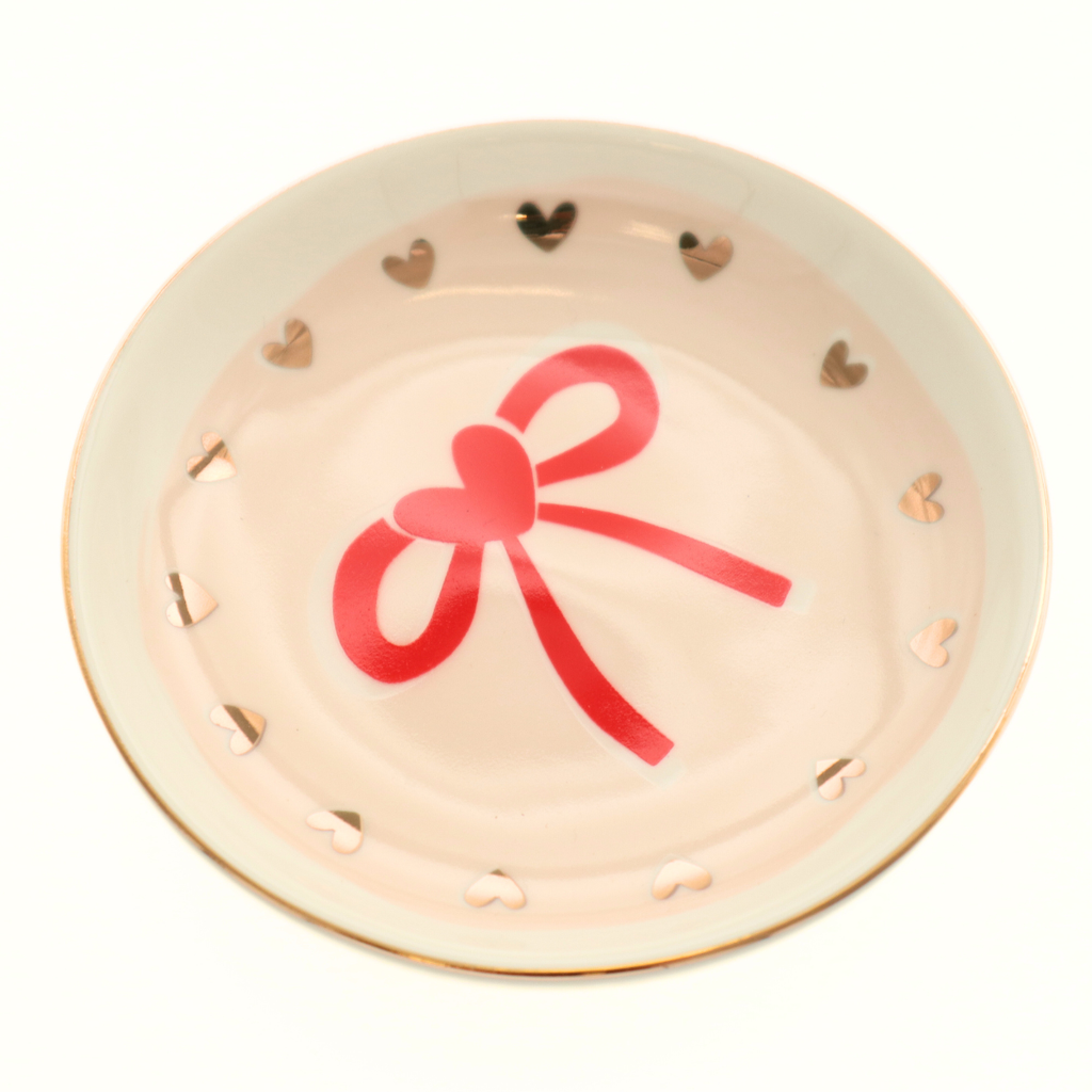 Red Bow + Gold Hearts Round Trinket Dish - Freshie & Zero Studio Shop
