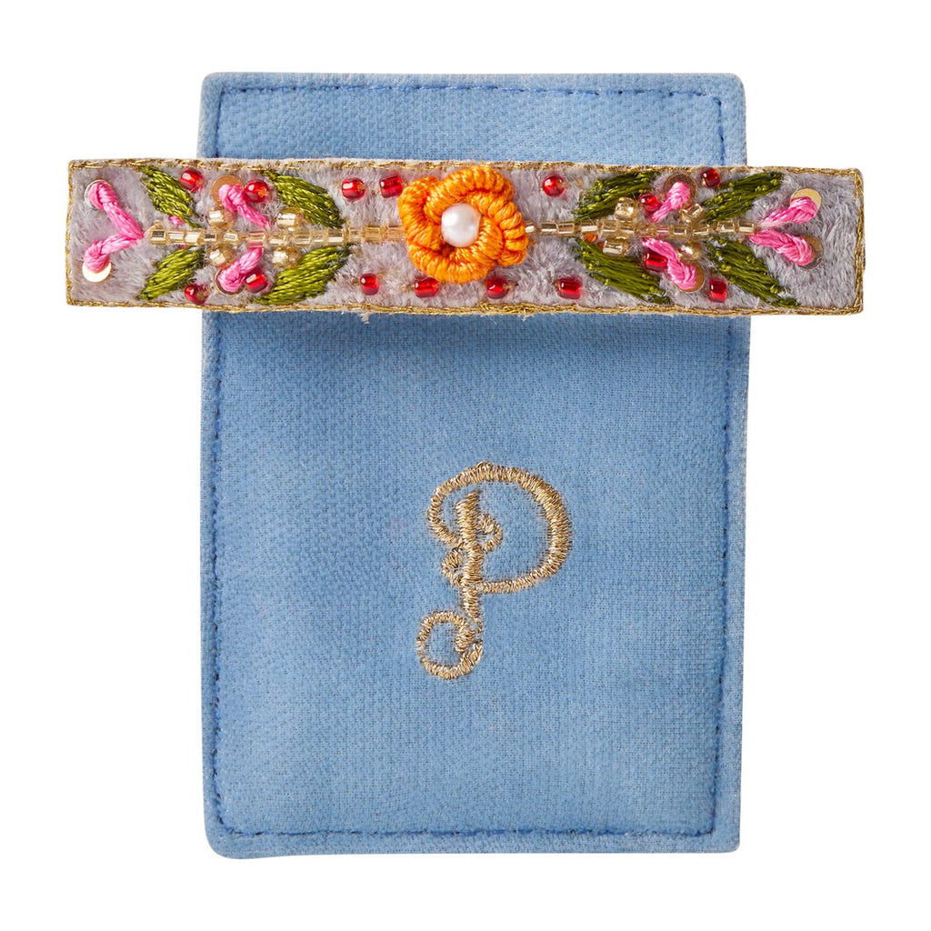 Embroidered Barette - Blue Denim Floral Vine - Freshie & Zero Studio Shop
