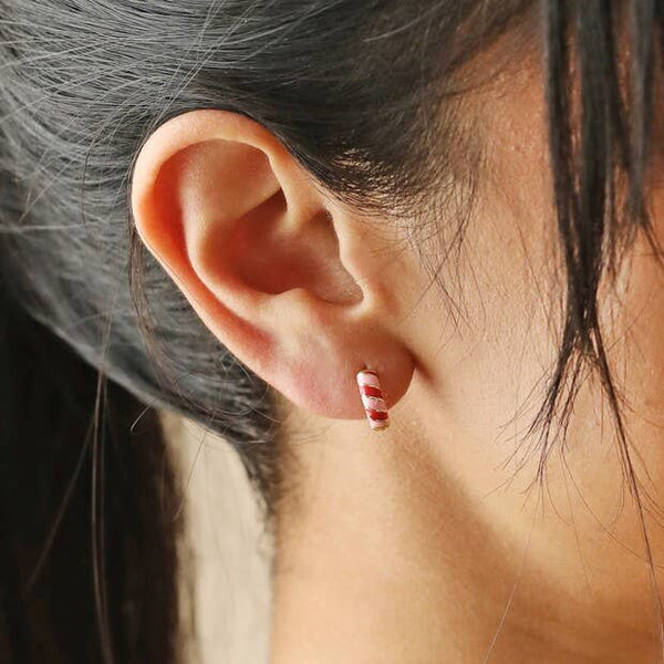 Huggie Hoop Earrings: Enamel Striped Red + Pink - Freshie & Zero Studio Shop