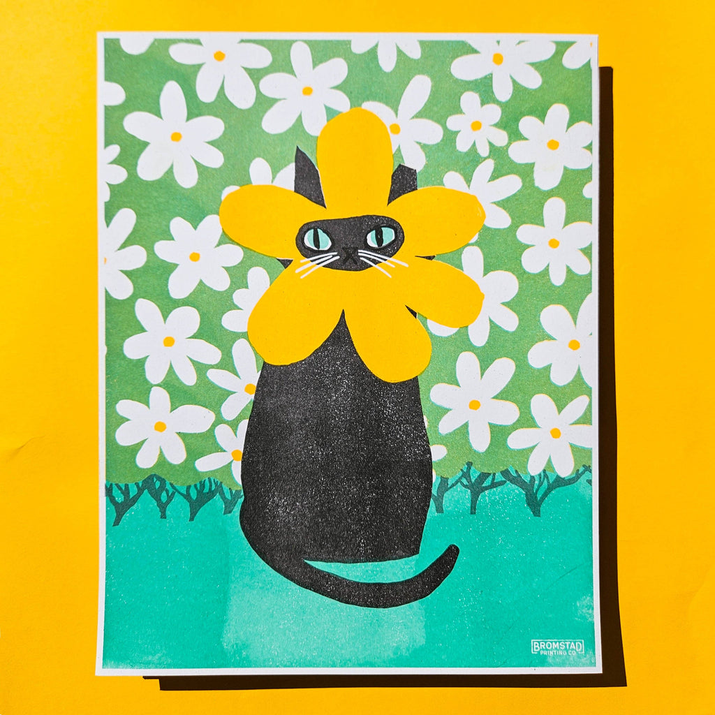 Rarest Bloom - 11"x14" Black Cat Risograph Print - Freshie & Zero Studio Shop