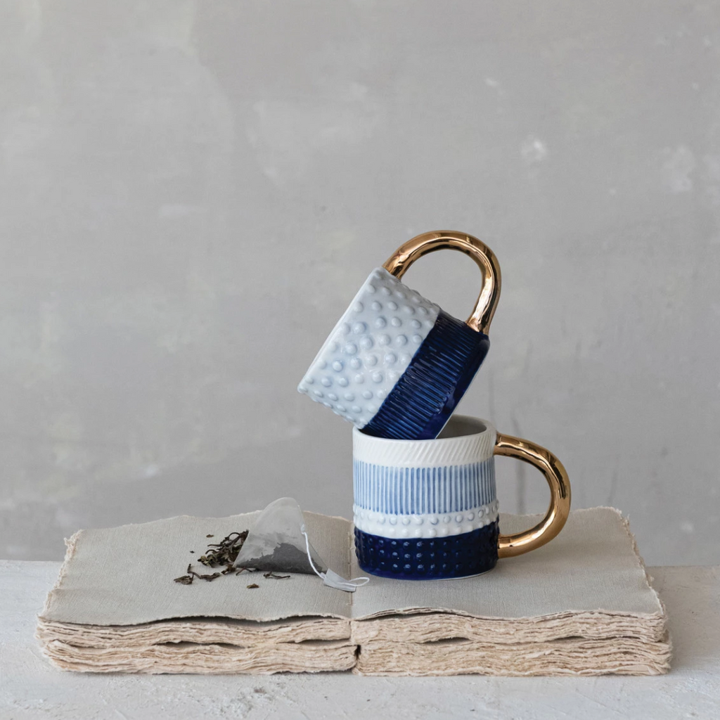 Stoneware Patterned Mug with Gold Handle - Freshie & Zero Studio Shop