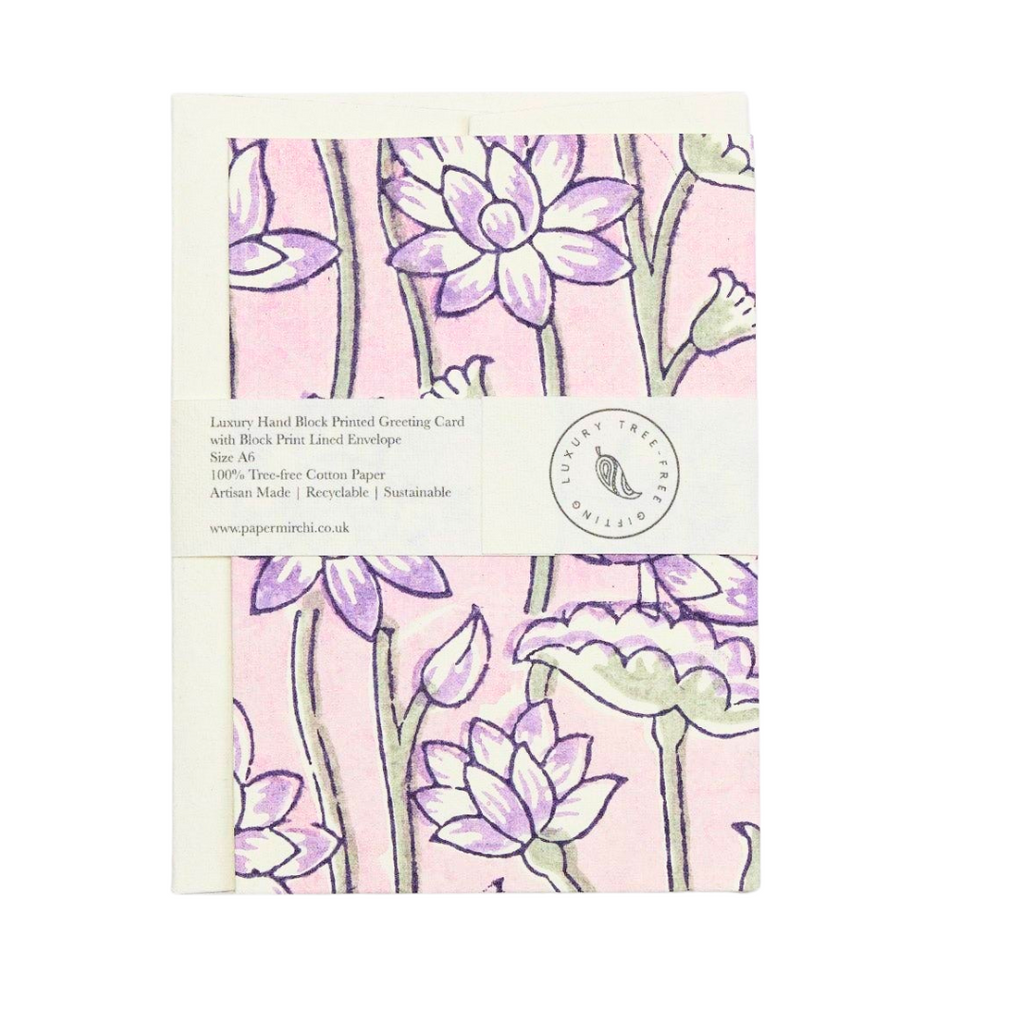 Lotus Lavender Hand Block Printed Greeting Card - Freshie & Zero Studio Shop
