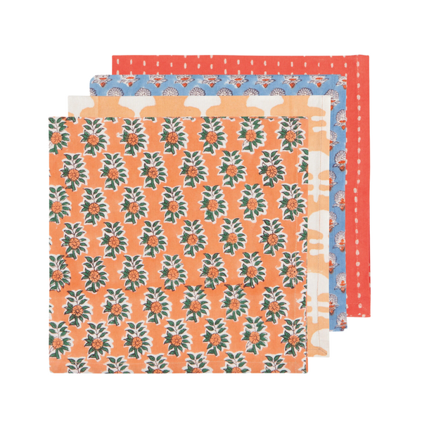 Gather Orange Flowers Block Print Napkins - Set of 4 - Freshie & Zero Studio Shop