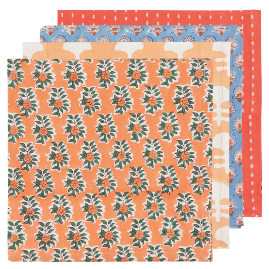 Gather Orange Flowers Block Print Napkins - Set of 4 - Freshie & Zero Studio Shop