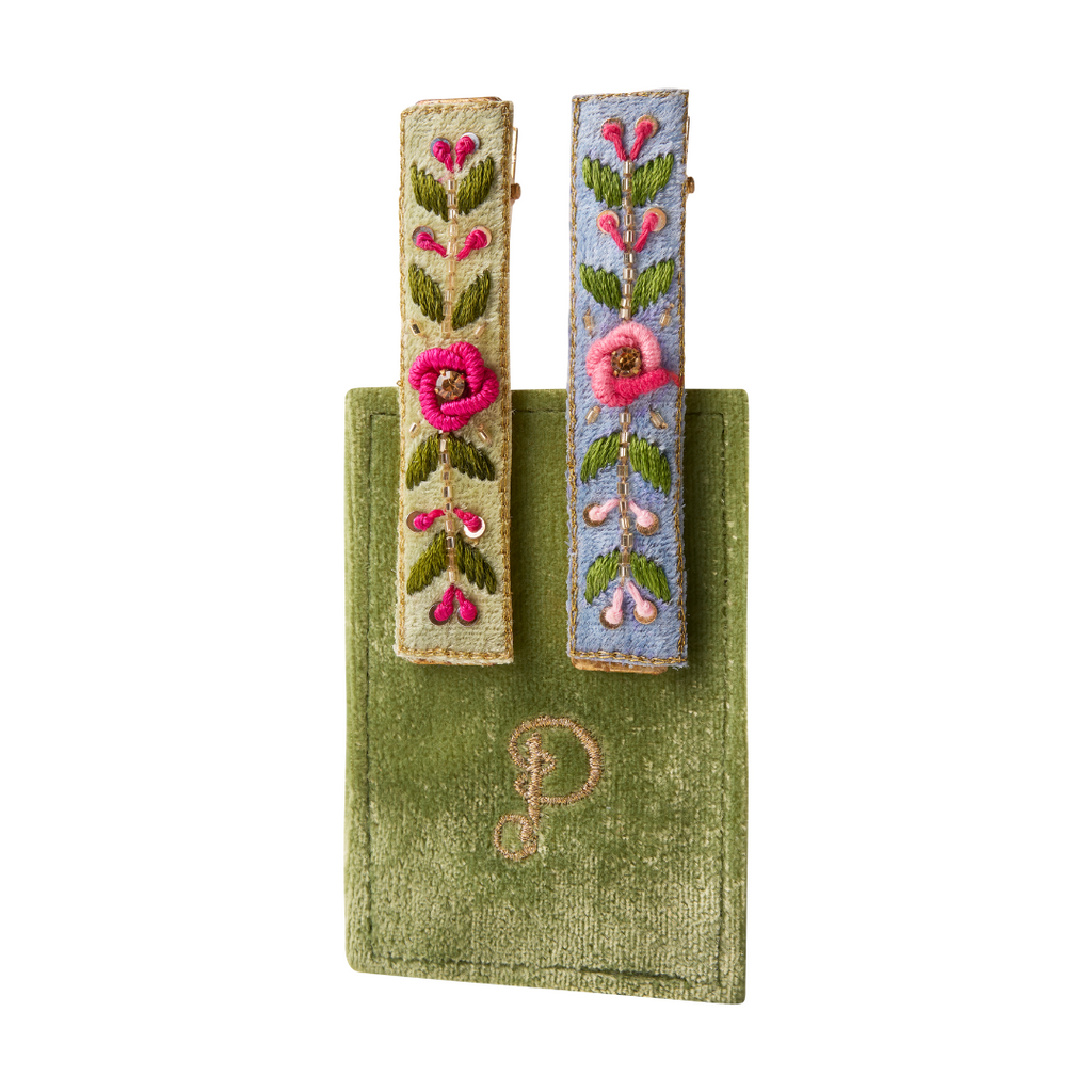 Embroidered Barrettes: Mint and Cornflower Floral Vines - Freshie & Zero Studio Shop