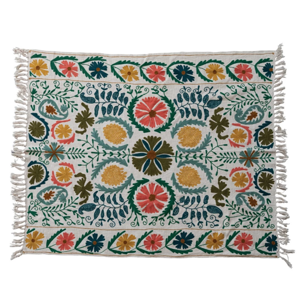 Floral Embroidered Cotton Slub Tasseled Throw Blanket - Freshie & Zero Studio Shop