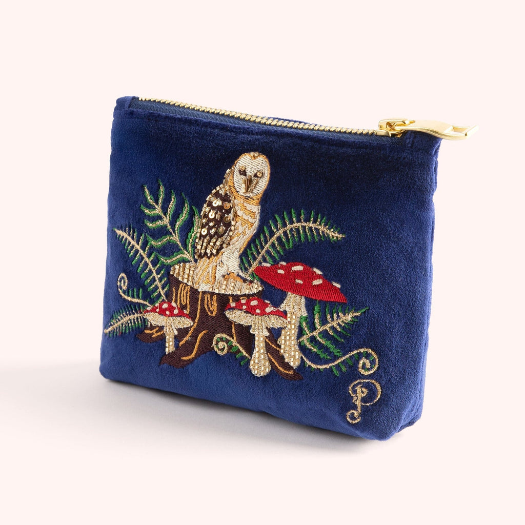 Velvet Embroidered Zip Pouch - Woodland Owl - Freshie & Zero Studio Shop