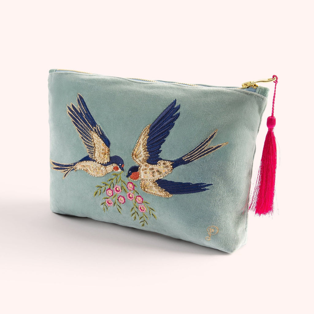 Velvet Embroidered Zip Pouch - Swooping Swallows - Freshie & Zero Studio Shop