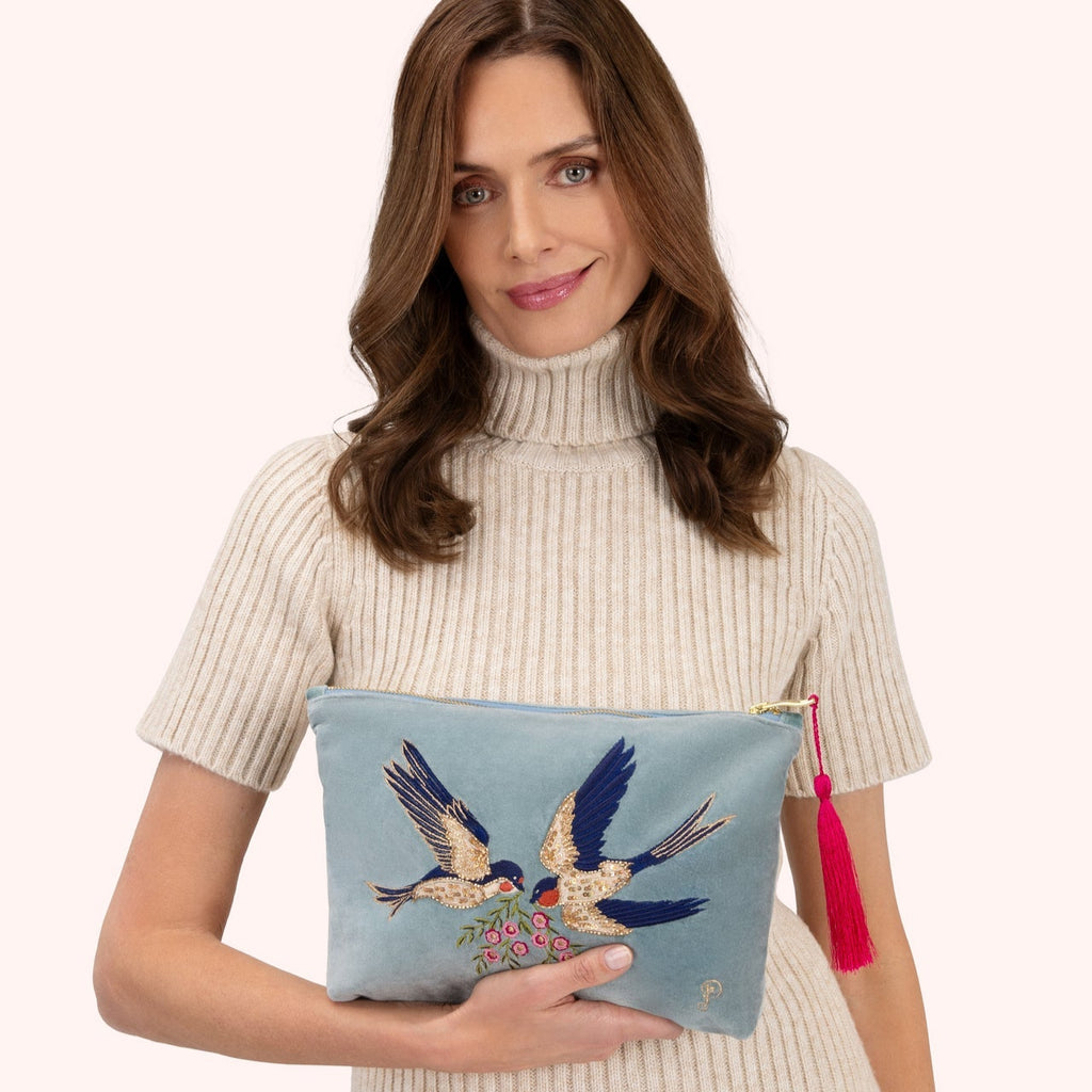 Velvet Embroidered Zip Pouch - Swooping Swallows - Freshie & Zero Studio Shop