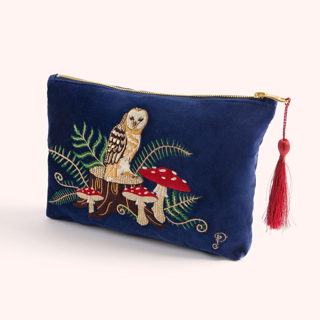 Velvet Embroidered Zip Pouch - Woodland Owl - Freshie & Zero Studio Shop