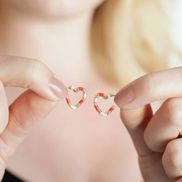 Pink and Red Enamel Striped Heart Gold Huggie Hoop Earrings - Freshie & Zero Studio Shop