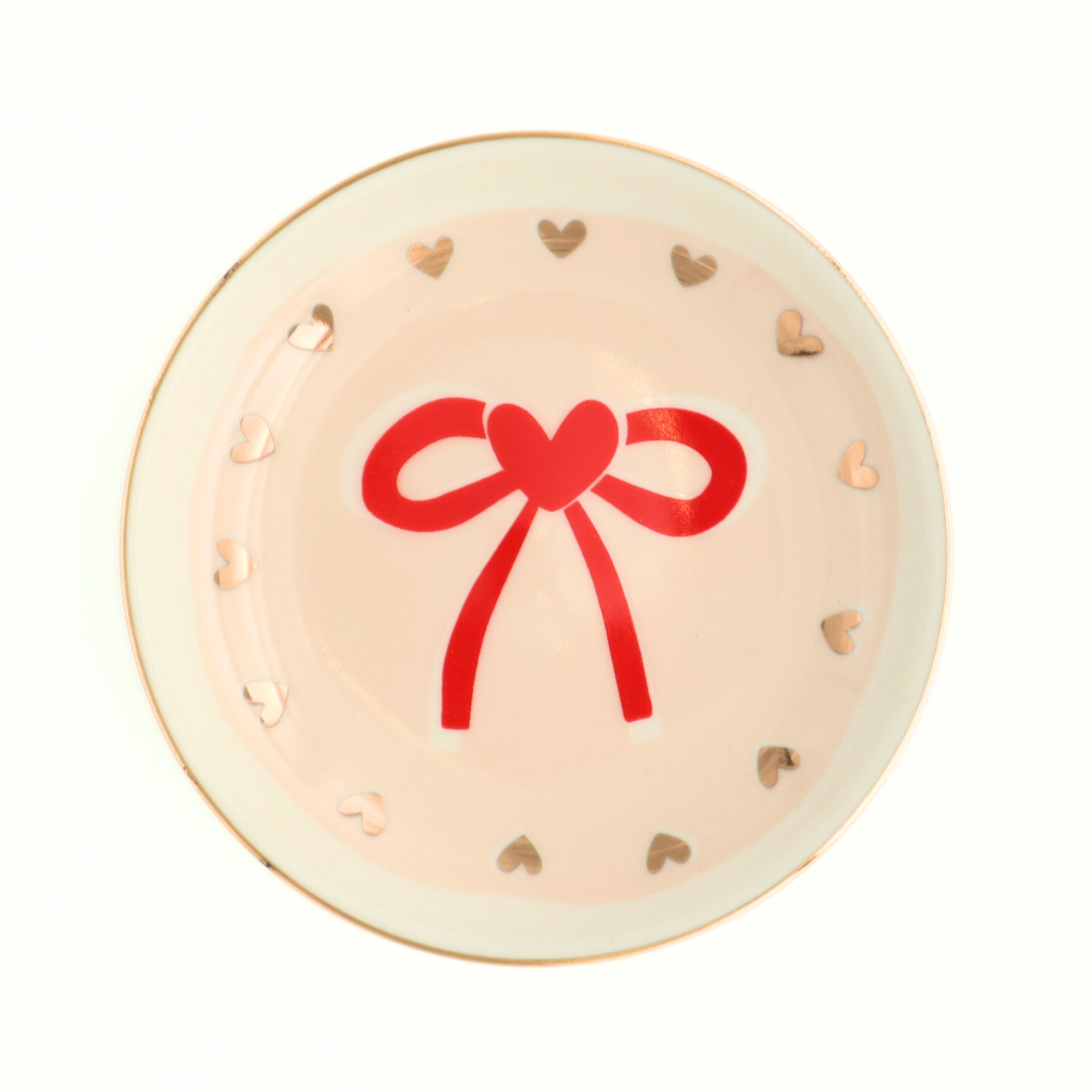 Red Bow + Gold Hearts Round Trinket Dish - Freshie & Zero Studio Shop