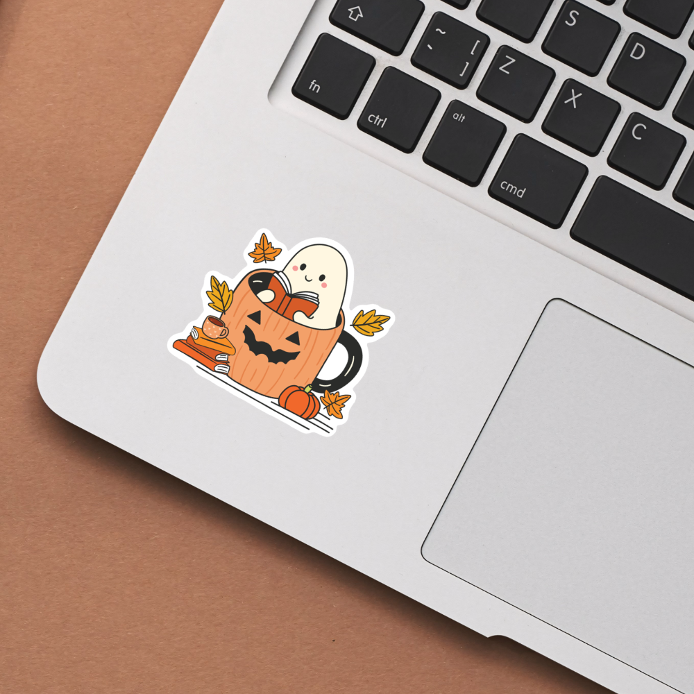 Ghost Reading in A Pumpkin Mug Fall Waterproof Sticker - Freshie & Zero Studio Shop