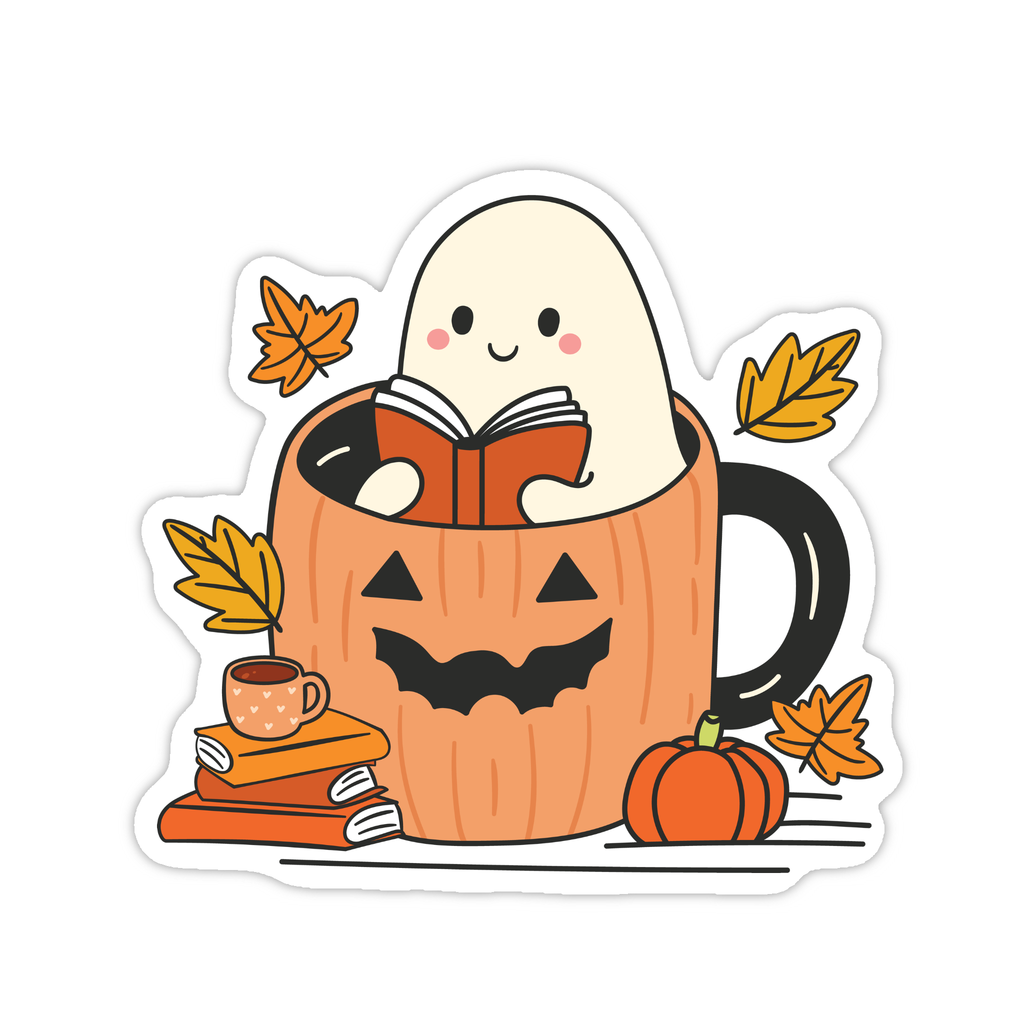 Ghost Reading in A Pumpkin Mug Fall Waterproof Sticker - Freshie & Zero Studio Shop
