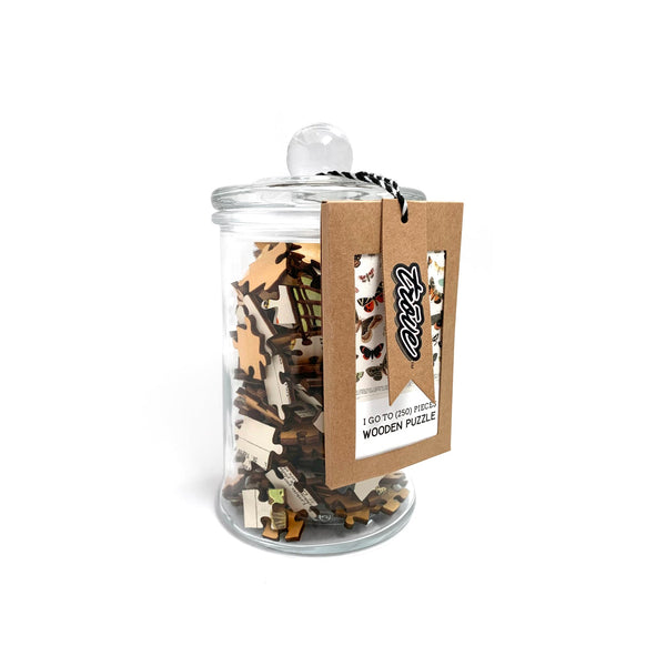 Wooden Puzzle in Glass Apothecary Jar: Butterflies + Moths - 250 Pieces - Freshie & Zero Studio Shop