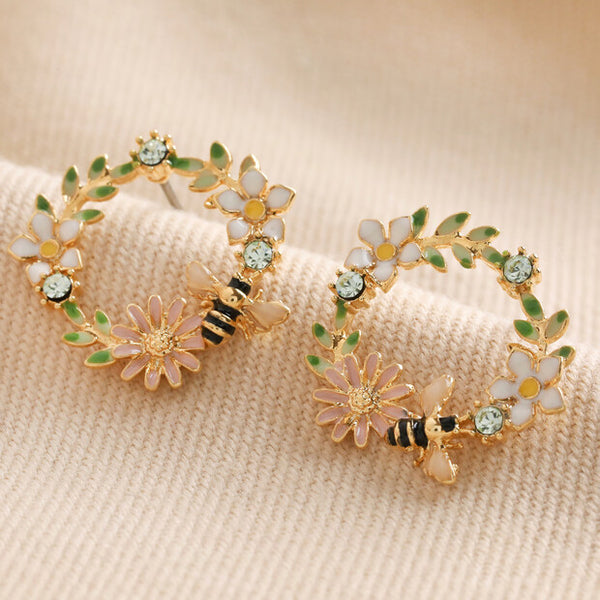 Crystal Flower and Enamel Bee Gold Stud Earrings - Freshie & Zero Studio Shop