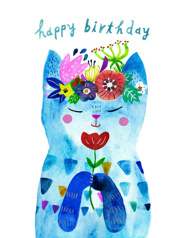 Blue Flower Kitty Birthday Greeting Card - Freshie & Zero Studio Shop