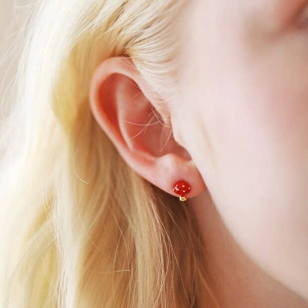 Red Enamel Mushroom Stud Earrings in Gold - Freshie & Zero Studio Shop