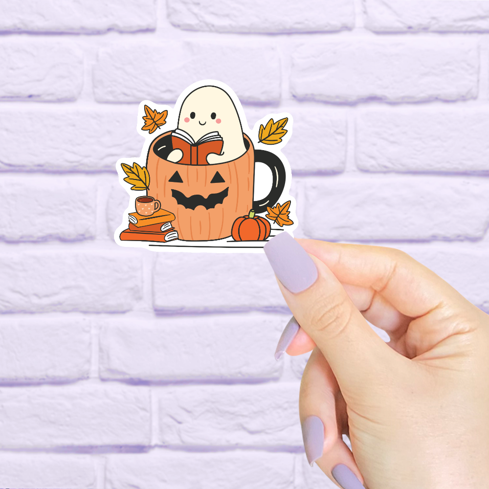 Ghost Reading in A Pumpkin Mug Fall Waterproof Sticker - Freshie & Zero Studio Shop