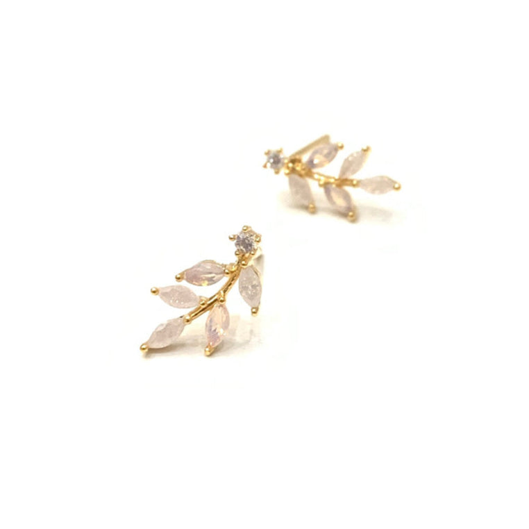 Crystal and Gold Leaf Sprig Stud Earrings - Freshie & Zero Studio Shop