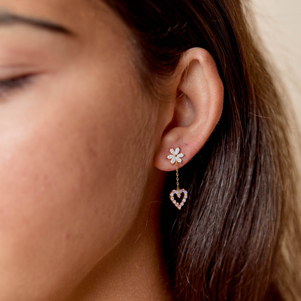 Amora Flower + Heart Drop Crystal Stud Earrings - Freshie & Zero Studio Shop