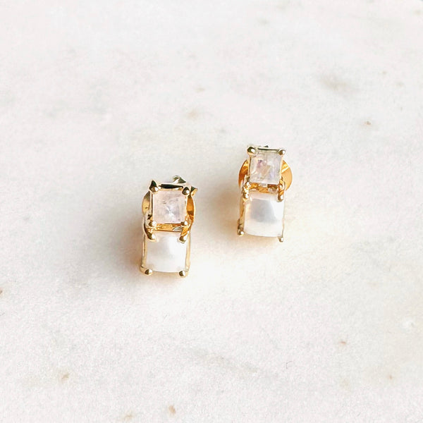 Small Stacked Gemstone Stud Earrings: moonstone + pearl - Freshie & Zero Studio Shop