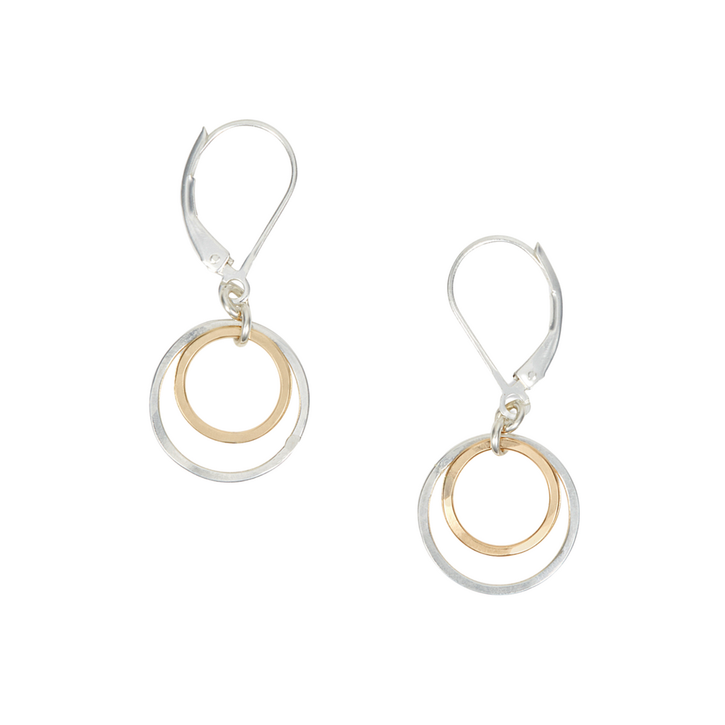 silver and gold hammered circles dainty drop earrings handmade by freshie and zero