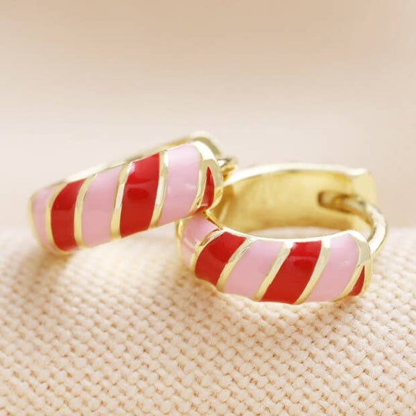 Huggie Hoop Earrings: Enamel Striped Red + Pink - Freshie & Zero Studio Shop
