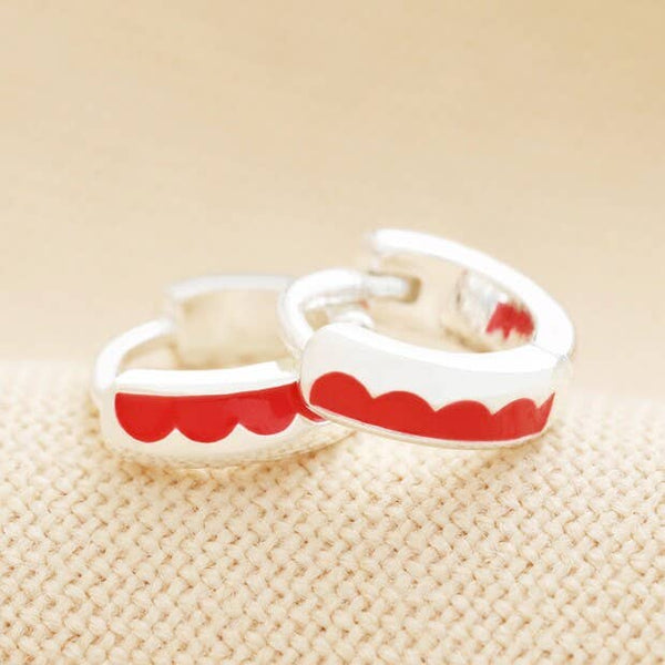 Silver Huggie Hoop Earrings: Scalloped Red Enamel - Freshie & Zero Studio Shop