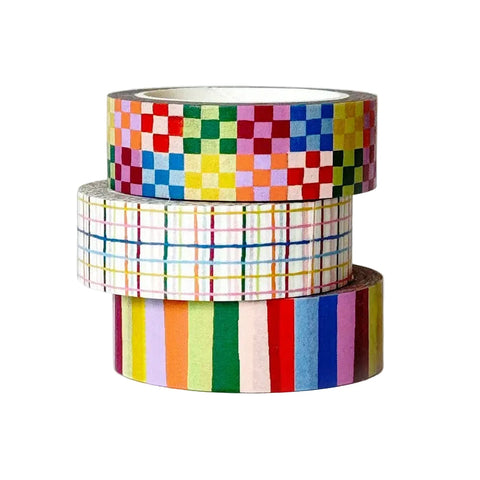 Set of three colorful Rainbow Washi Tapes by Idlewild Co. with vibrant, striped patterns for decorating and crafts.