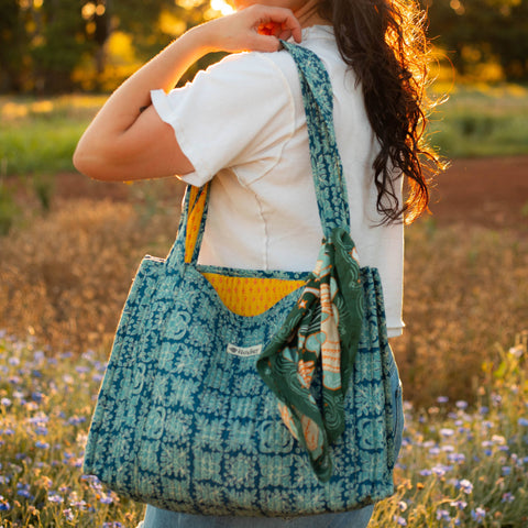 Maggie Blue Tiles quilted tote bag by Handker Bandanas featuring a blue tile pattern, spacious design, and quilted fabric.