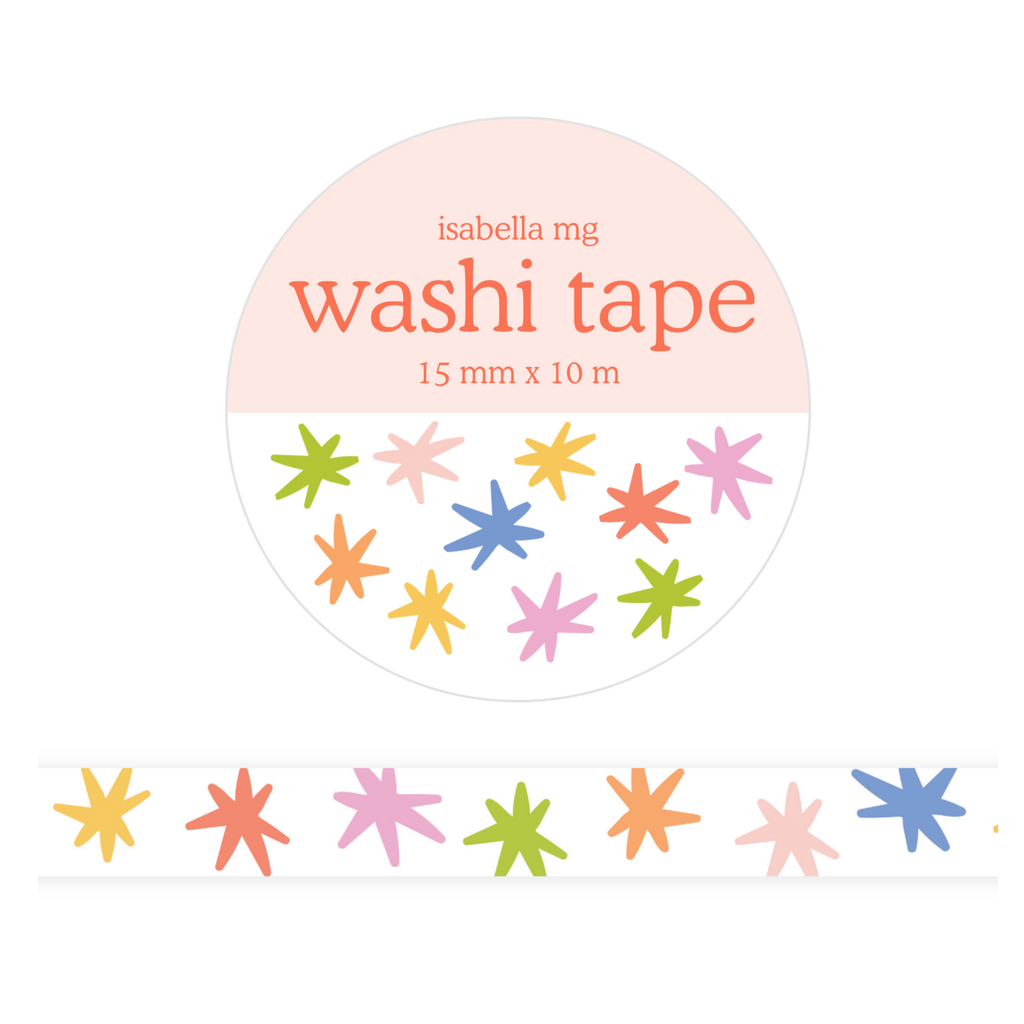 A roll of washi tape with a pastel pink label reading 'isabella mg washi tape 15 mm x 10 m' and a strip of colorful star-shaped tape in yellow, orange, pink, green, and blue on a white background.