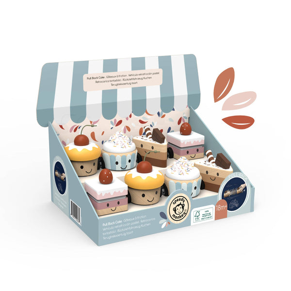 Wooden cake pull back toy from Speedy Monkey, featuring colorful painted wood with a fun pull-back mechanism for kids.