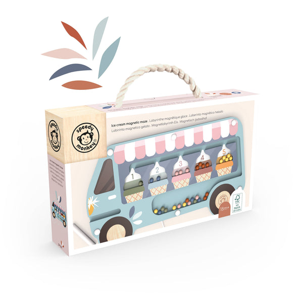 Wooden ice cream magnetic maze toy by Speedy Monkey featuring colorful magnetic pieces and a wooden maze base for kids.