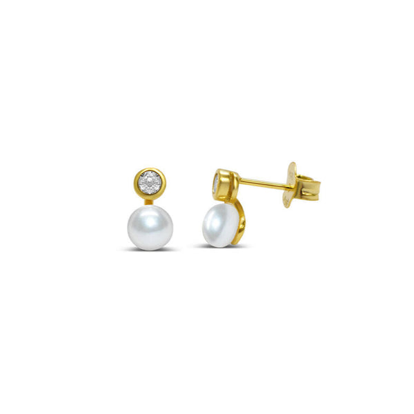 Tweens + Teens Earrings: Tiny White Pearl + Crystal Gold Studs - Freshie & Zero Studio Shop
